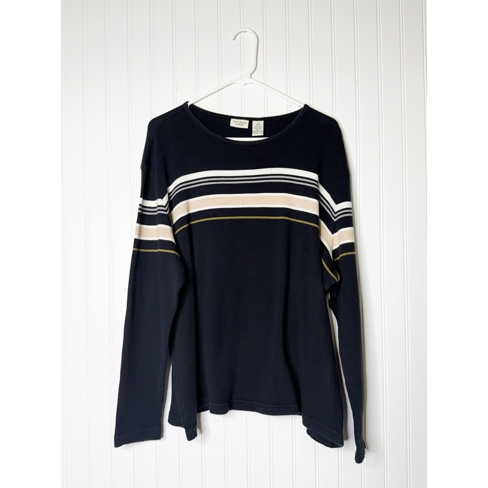 Crossroads Woman's Ribbed Long Sleeve Top 2X Black Striped Vintage Crew Neck EUC